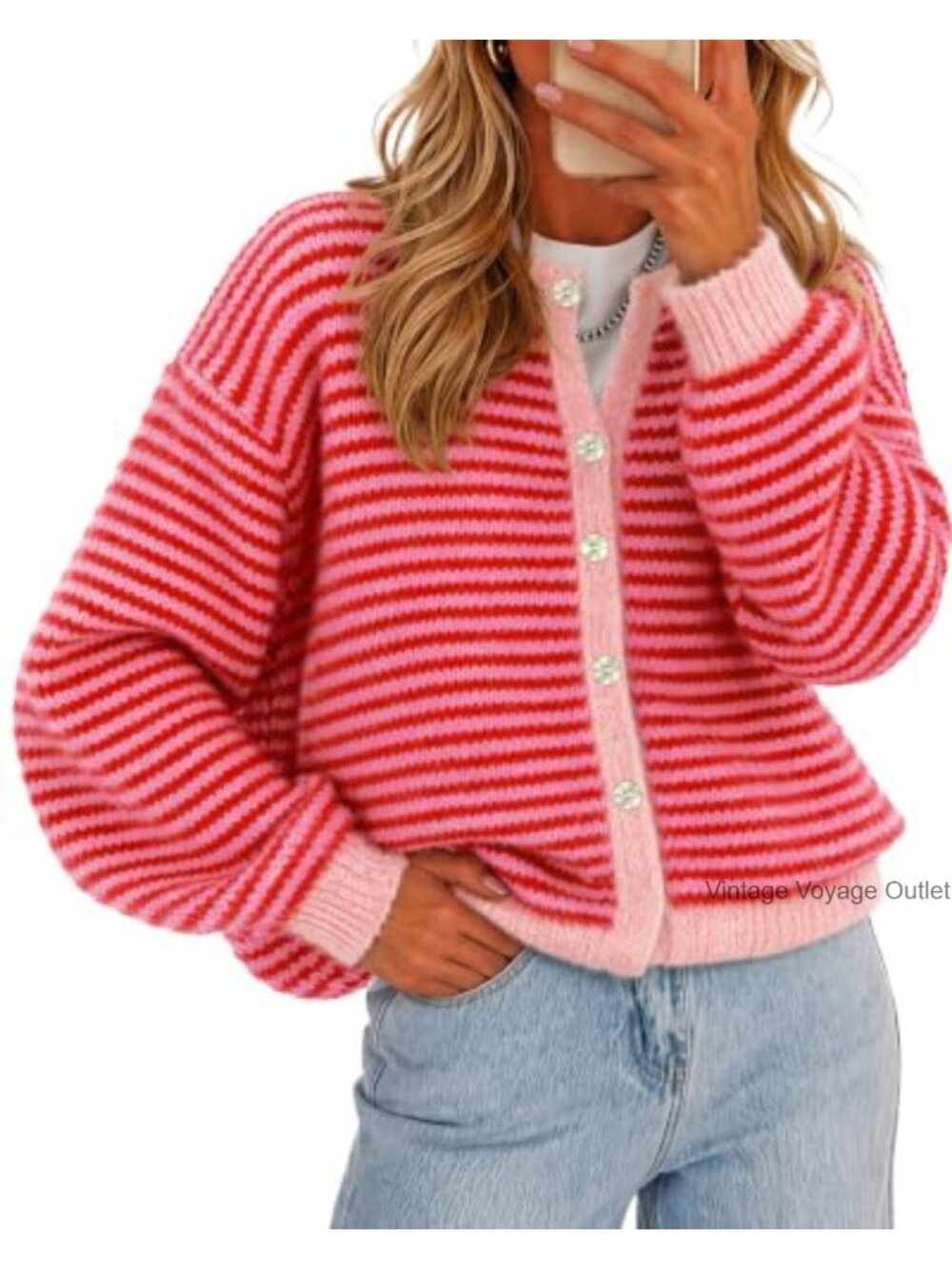 Striped Button Up Cardigan Long Sleeve Knit Sweater